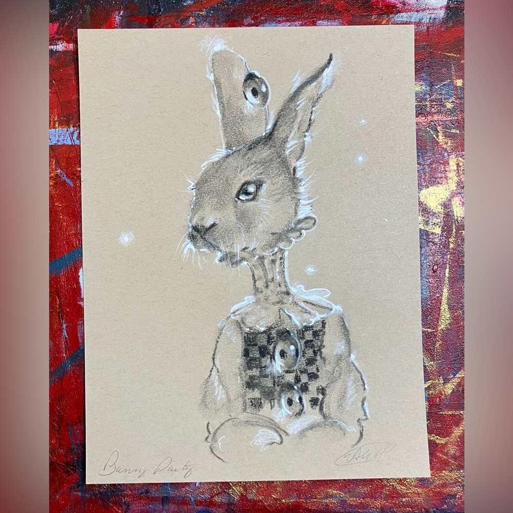 Original Bunny Rabbit painting Whimsical surreal art Character Charcoal Pastel